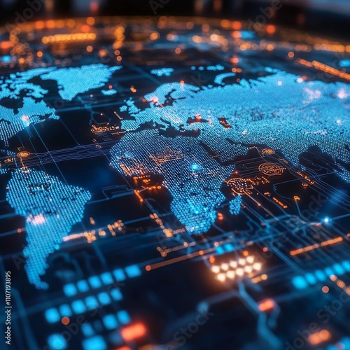 LWorld map made of glowing blue digital connections, symbolizing a global network