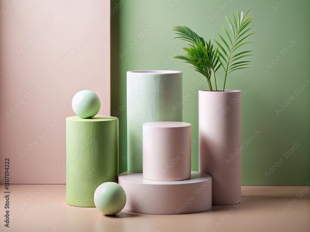 A Unique Display of Three Cylindrical Objects on a White Pedestal with a Pink Background and Green Accent in a Modern Documentary Photography Style A Unique Display of Three Cylindrical Objects on a White Pedestal with a Pink Background and Green Accent in a Modern Documentary Photography Style