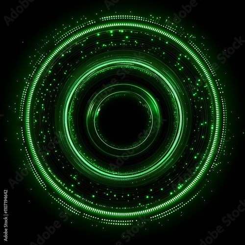 Abstract glowing circular pattern with green light effects on a black background for modern designs and technology