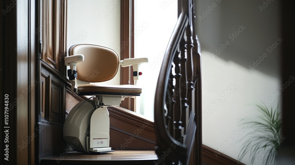 A stylish automatic stair lift installed on a curved residential staircase, enhancing mobility and independence A stylish automatic stair lift installed on a curved residential staircase, enhancing mobility and independence
