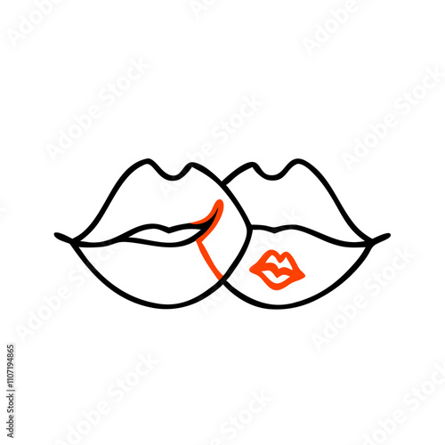 Lips close together with a heart detail and a lipstick mark in a minimalist line art style symbolizing love and intimacy