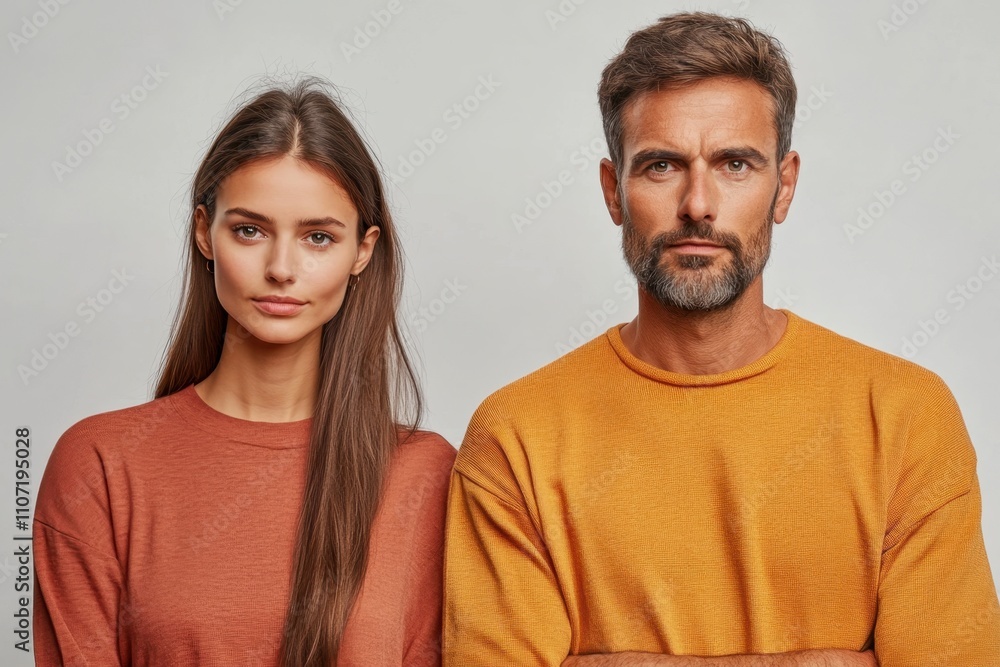 Stylish couple posing together against a neutral backdrop in casual attire Stylish couple posing together against a neutral backdrop in casual attire