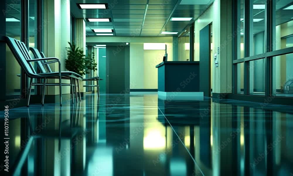 Deserted Hospital Corridor with Reflective Floor and Empty Chairs Deserted Hospital Corridor with Reflective Floor and Empty Chairs
