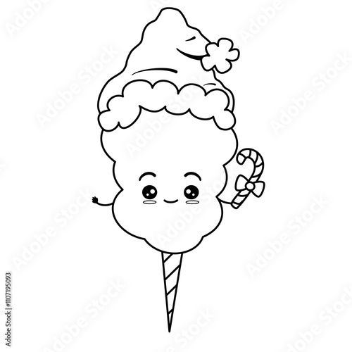 cute hand drawn black and white cartoon character cotton candy with santa claus hat and candy cane funny christmas holiday vector illustration for coloring art	