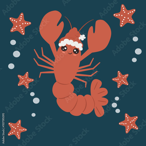 Cute hand drawn cartoon character lobster with santa claus hat funny christmas holiday vector illustration with bubble and red starfish