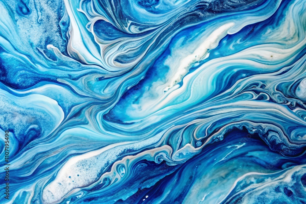 Fototapeta premium Blue and White Marble Textures with Acrylic Painted Waves - Abstract Fluid Art Background for Wallpapers, Posters, Invitations, and More
