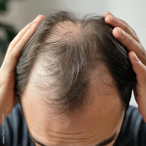 Concerned man inspecting his thinning hairline, showcasing the effects of age.