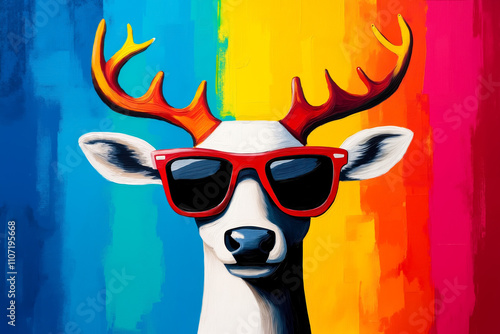 A painting of a deer wearing sunglasses on a colorful background photo