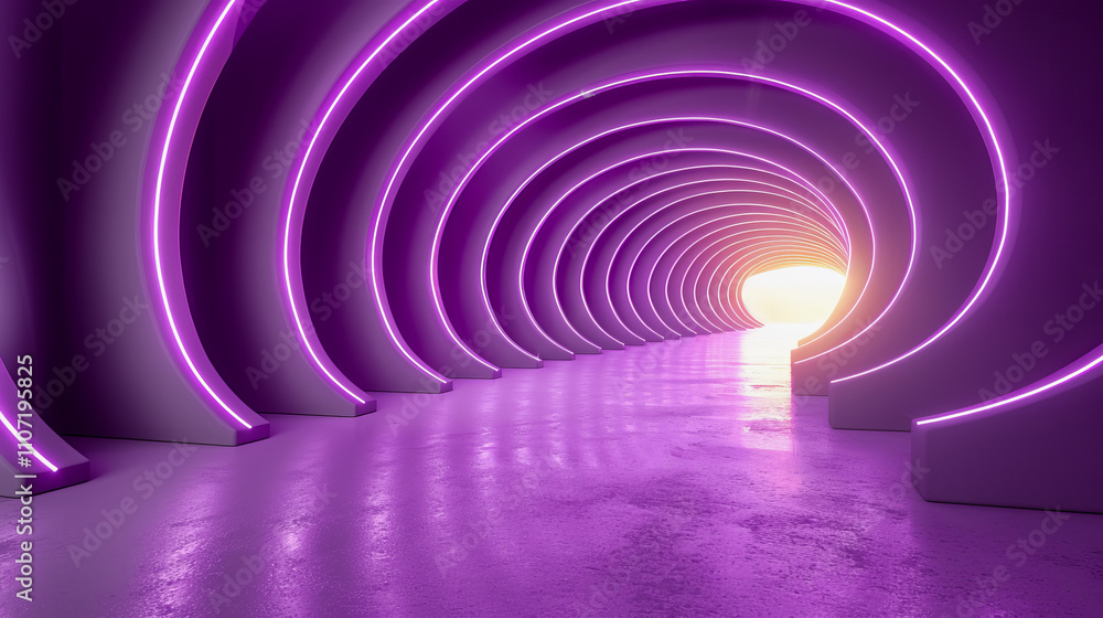 Fototapeta premium A visually captivating purple tunnel background with glowing light at the end, creating a sense of depth and futuristic design.