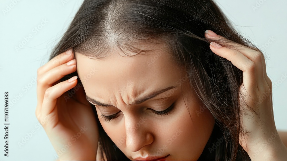 A woman scalp highlighted through parted hair, with attention to thinning strands and a clean background A woman scalp highlighted through parted hair, with attention to thinning strands and a clean background