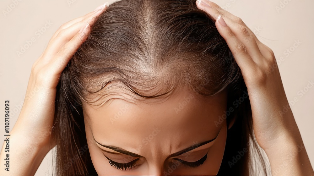 Fototapeta premium A woman scalp highlighted through parted hair, with attention to thinning strands and a clean background