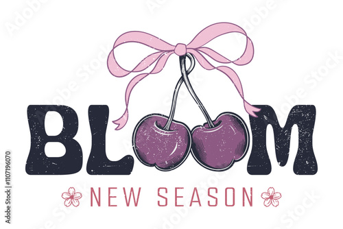 hand drawn effects flowers cherry girls graphics for fruit design, cherry bow with slogan typography, fashion graphic prints cherries fruit cute t-shirt pattern, vintage food fashion print for t-shirt