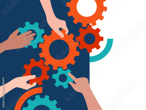 Business management, co-working, hands with gears, left margins