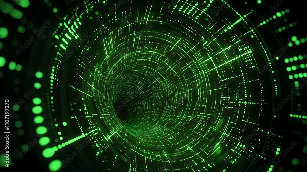 Abstract Green Data Tunnel with Glowing Dots and Lines Creating a Futuristic Digital Environment Abstract Green Data Tunnel with Glowing Dots and Lines Creating a Futuristic Digital Environment