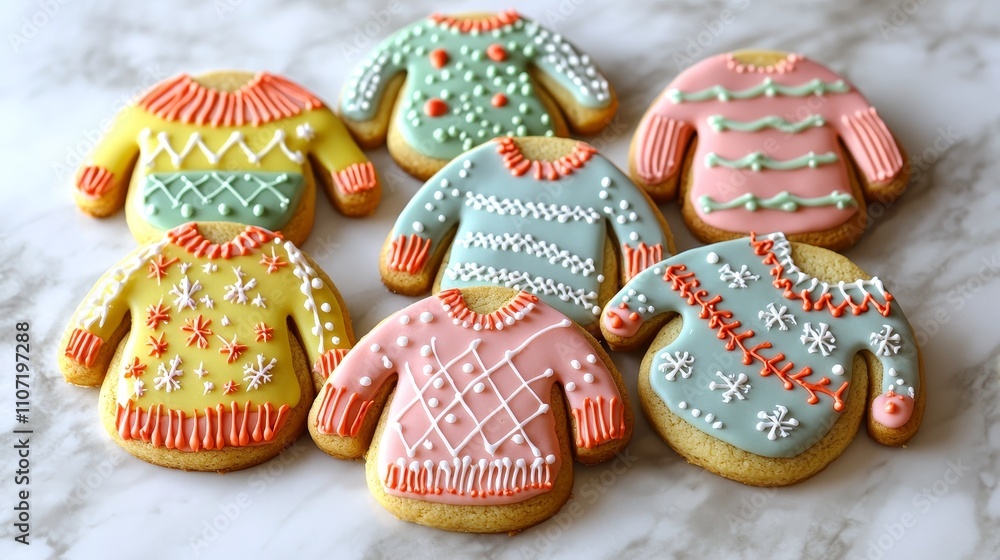 Vibrant ugly sweater cookies decorated with various holiday designs in close-up, capturing the fun details of icing and patterns for kids Vibrant ugly sweater cookies decorated with various holiday designs in close-up, capturing the fun details of icing and patterns for kids
