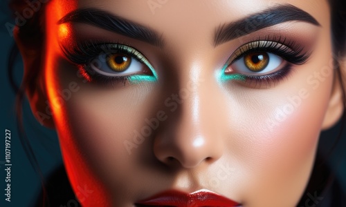 Vibrant makeup closeup: bold eye shadow and glossy lips in captivating light