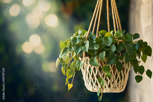 Golden photos houseplant in makrame boho plant hanger photo