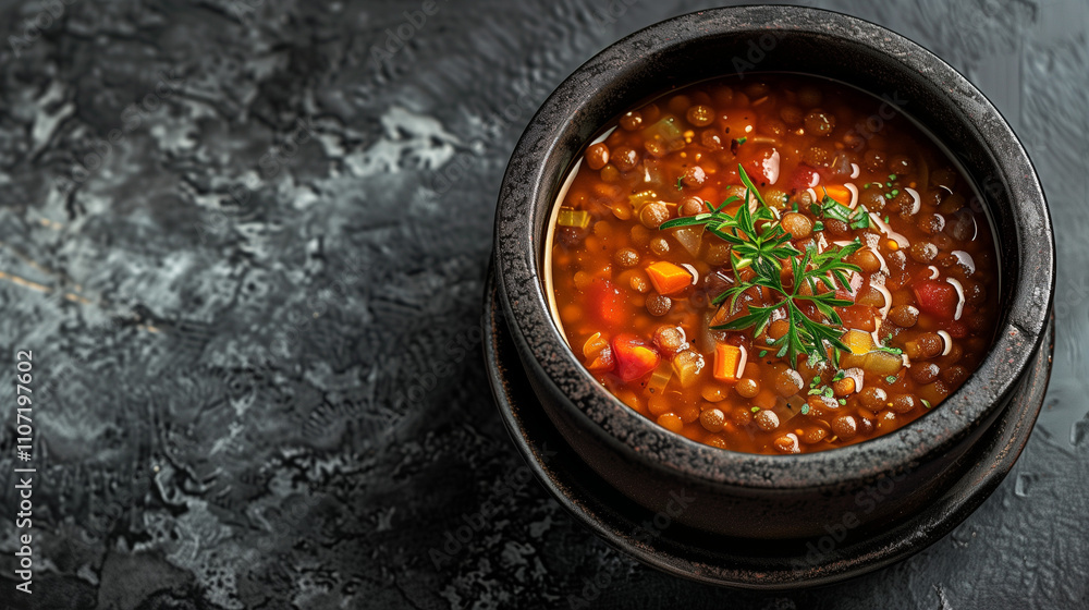 Hearty lentil soup with vegetables served in a black bowl Hearty lentil soup with vegetables served in a black bowl