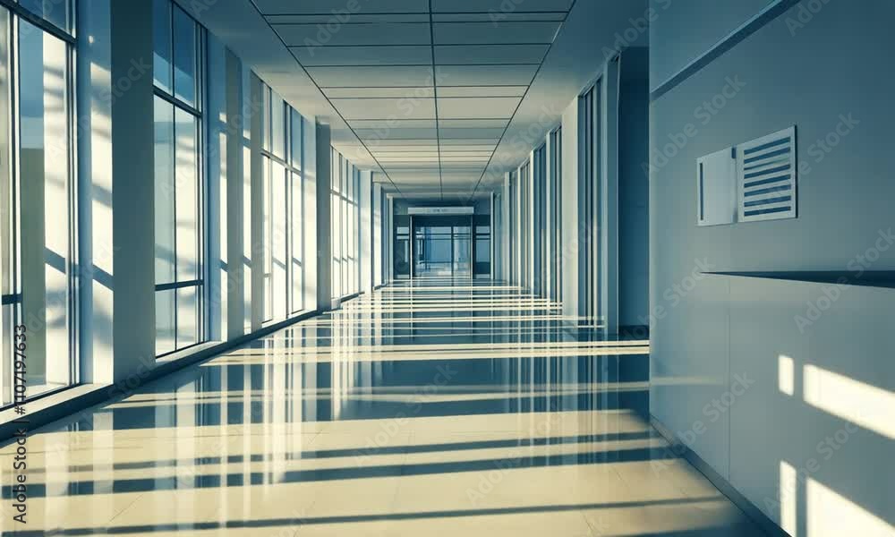 Sunlit Modern Hospital Corridor with Reception Desk Sunlit Modern Hospital Corridor with Reception Desk