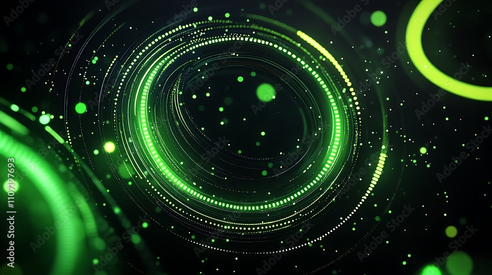 Abstract green digital circles and particles creating a mesmerizing pattern of light and motion in a dark background Abstract green digital circles and particles creating a mesmerizing pattern of light and motion in a dark background