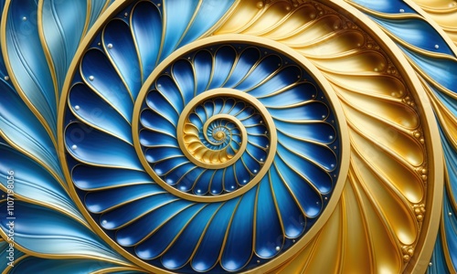 Abstract metallic spiral with blue and gold swirls in intricate design