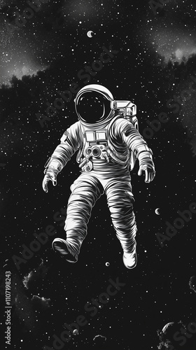 Wallpaper Mural Black and white illustration of an astronaut floating in space, with stars twinkling around them. Minimalistic background, high contrast. Full-body portrait, symmetrical composition, sense of mystery. Torontodigital.ca