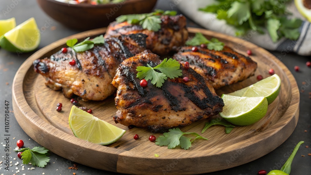 Grilled jerk chicken served with lime wedges and fresh herbs. Grilled jerk chicken served with lime wedges and fresh herbs.