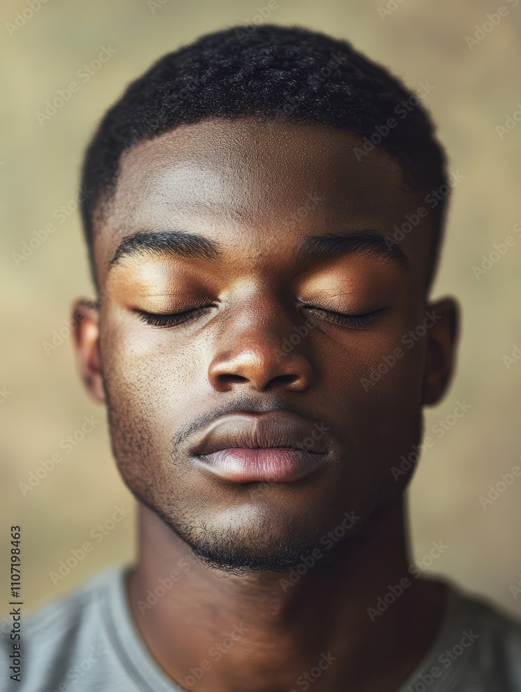 Obraz premium Contemplative young African black man eyes closed in mindful meditation