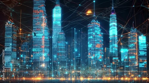 A Futuristic Cityscape Illuminated by Digital Networks