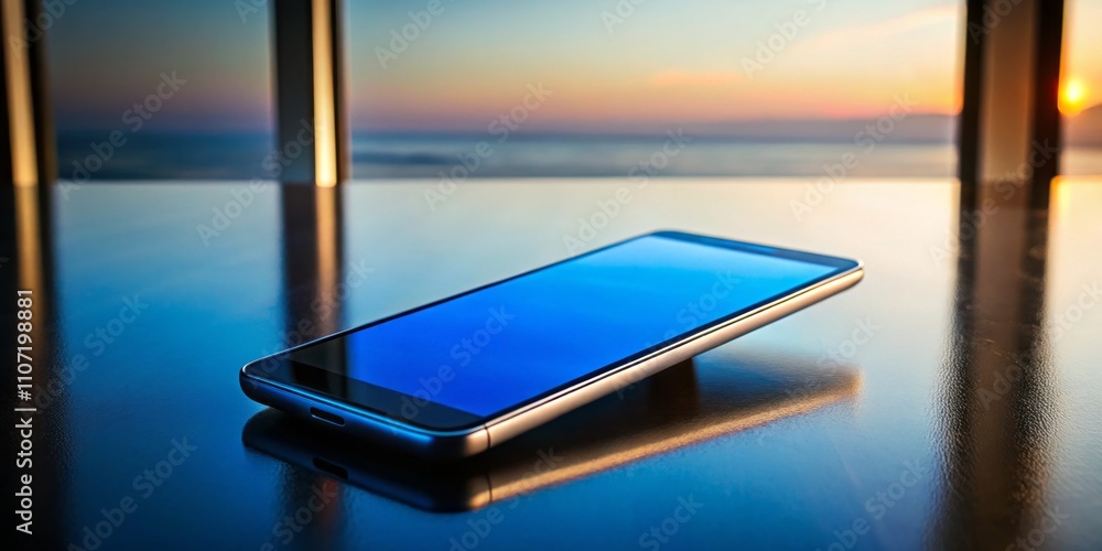 Elegant Silhouette of a Phone with Blue Screen and Silver Frame Resting on a Table, Capturing Reflections for a Modern Digital Lifestyle Aesthetic Elegant Silhouette of a Phone with Blue Screen and Silver Frame Resting on a Table, Capturing Reflections for a Modern Digital Lifestyle Aesthetic