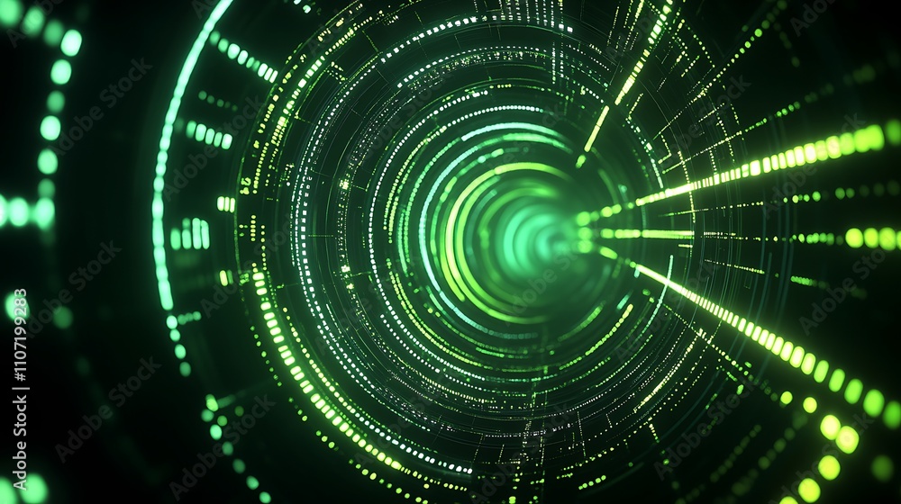Abstract Green Light Tunnel with Digital Particles and Data Visualization in Futuristic Technology Concept Abstract Green Light Tunnel with Digital Particles and Data Visualization in Futuristic Technology Concept