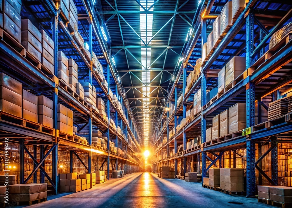 Fototapeta premium Vast Urban Warehouse Interior with Endless Shelves and Stacked Boxes Perfect for Urban Exploration Photography and Industrial Aesthetic Imagery