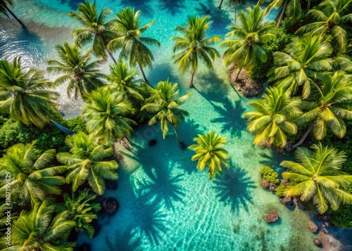 Captivating Tropical Aerial View: Lush Green Palms Framing Crystal Clear Waters in a Vivid Scene Captured with Advanced Imaging Technology for Maximum Clarity and Detail photo