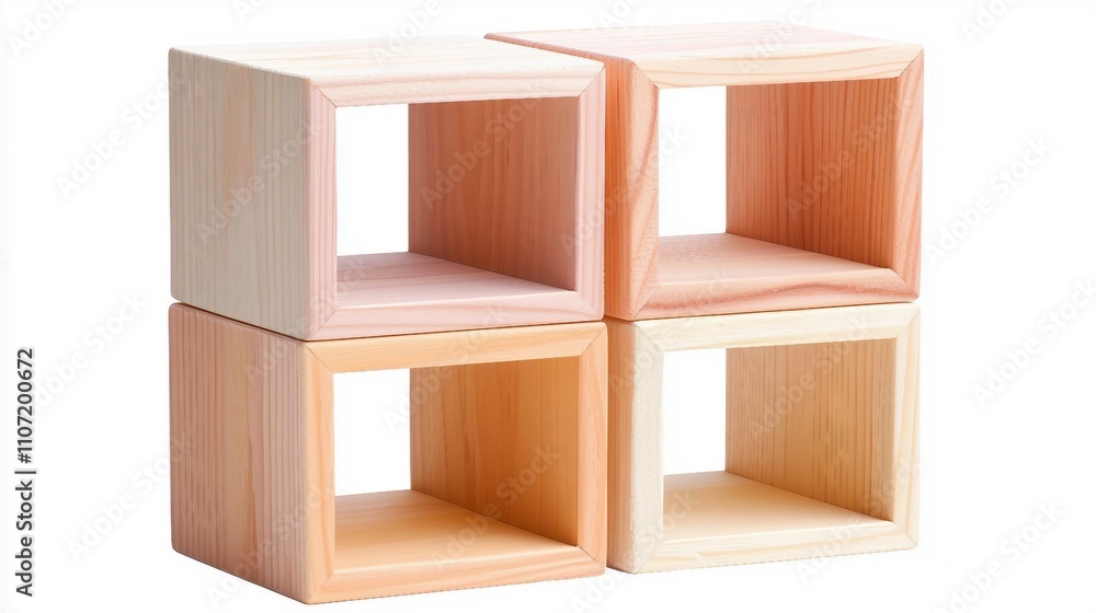 Wooden Cubes Stacked in an Artistic Arrangement on White Background Wooden Cubes Stacked in an Artistic Arrangement on White Background