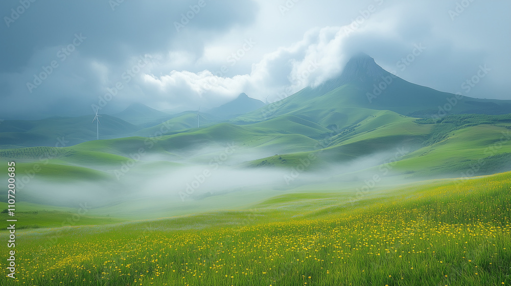 Fototapeta premium Mystical Mountain Meadow: A serene landscape unfolds with rolling hills, misty valleys, and majestic mountains shrouded in ethereal clouds.