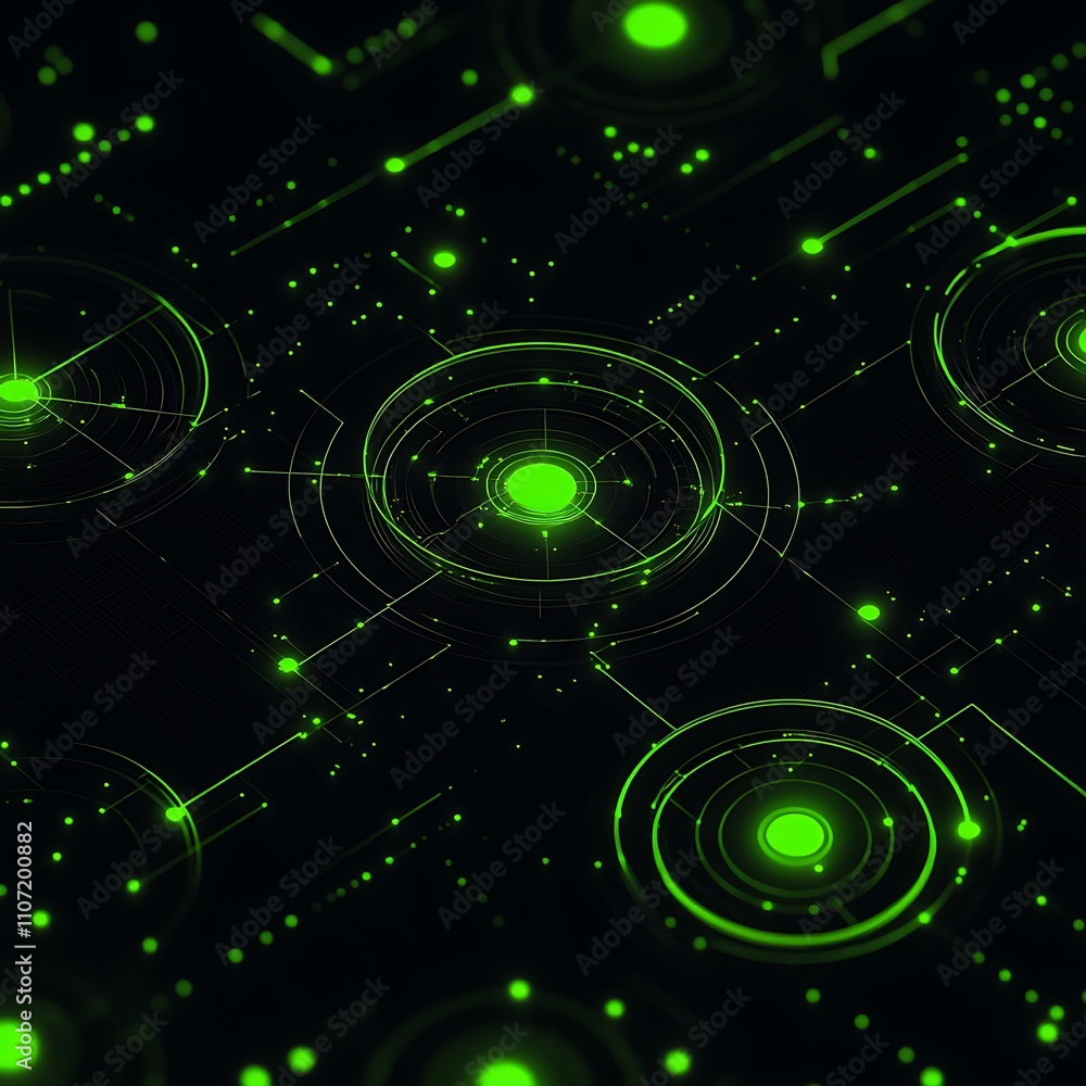 Fototapeta premium Abstract high-tech background with glowing green circles and lines on a dark digital surface