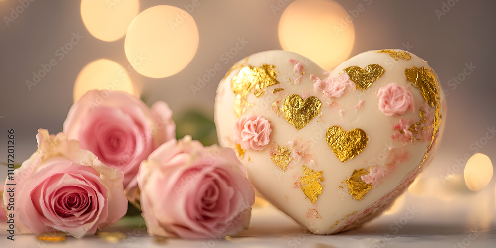 Heart-Shaped White Cake with Roses and Gold Details Heart-Shaped White Cake with Roses and Gold Details