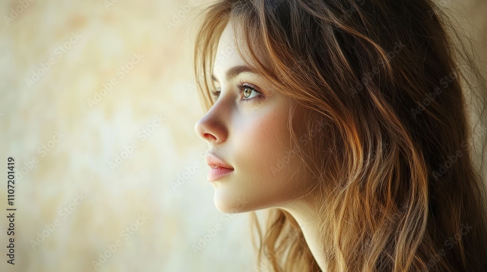 A profile portrait of a woman with long hair, set against a soft-focus background highlighting her features A profile portrait of a woman with long hair, set against a soft-focus background highlighting her features