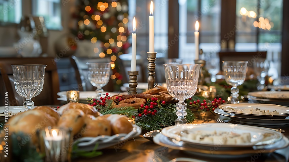 A Festive Hanukkah Table with Latkes, Doughnuts, and a Variety of Traditional Treats, Surrounded by Candles, Menorah, and Joyful Holiday Decorations for a Delicious Celebration. A Festive Hanukkah Table with Latkes, Doughnuts, and a Variety of Traditional Treats, Surrounded by Candles, Menorah, and Joyful Holiday Decorations for a Delicious Celebration.