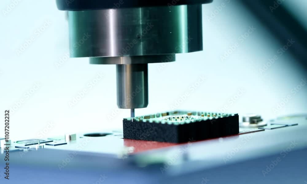 A close-up of a precision machining tool above a metal workpiece in an industrial setting. A close-up of a precision machining tool above a metal workpiece in an industrial setting.