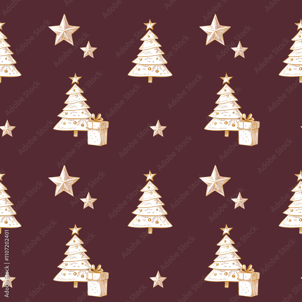 Obraz premium Sophisticated Christmas pattern with golden trees, stars, and gifts on a rich burgundy background. A luxurious and festive design perfect for holiday decor
