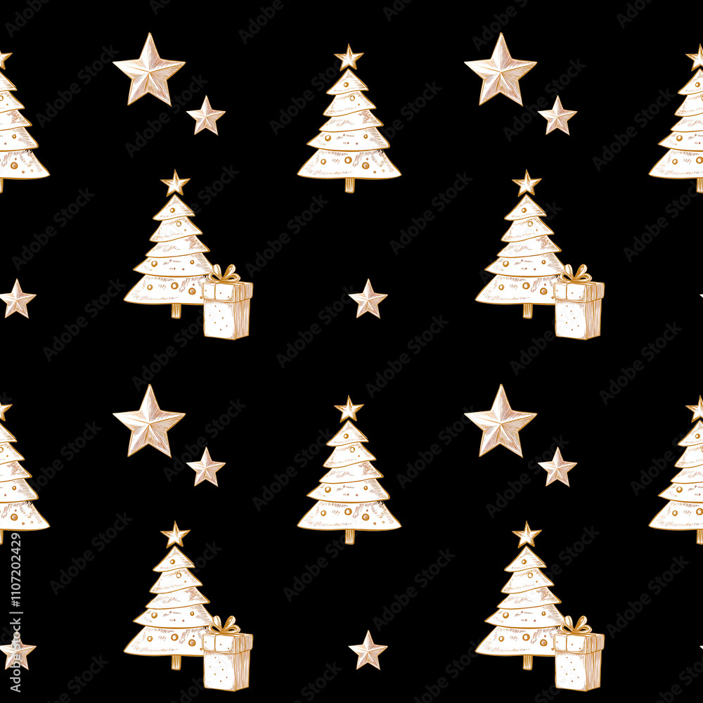 Obraz premium Christmas pattern on a bold black background with golden trees, stars, and gifts. A luxurious, modern design perfect for festive decor or wrapping!