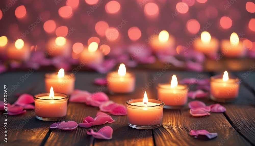 Romantic candlelit setting with glowing candles and rose petals on wooden surface Romantic candlelit setting with glowing candles and rose petals on wooden surface