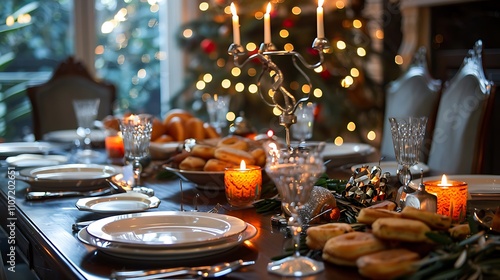 A Festive Hanukkah Table with Latkes, Doughnuts, and a Variety of Traditional Treats, Surrounded by Candles, Menorah, and Joyful Holiday Decorations for a Delicious Celebration. photo