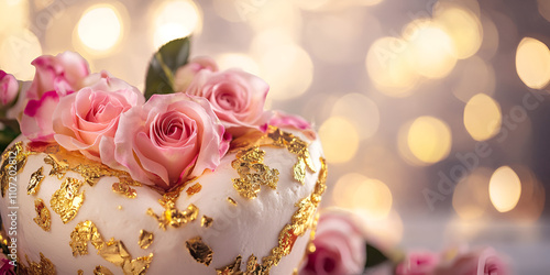 Heart-Shaped White Cake with Roses and Gold Details
