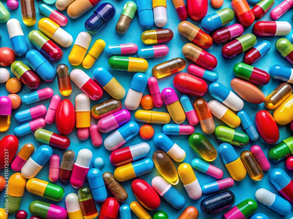 Vibrant Aerial View of Colorful Pills and Capsules Spread on a Deep Blue Background for Health and Wellness Themes Vibrant Aerial View of Colorful Pills and Capsules Spread on a Deep Blue Background for Health and Wellness Themes