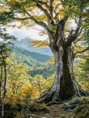 Giant tree in rain forest . Beautiful landscapes in Pumalin Park, Carretera Austral, Chile. photo