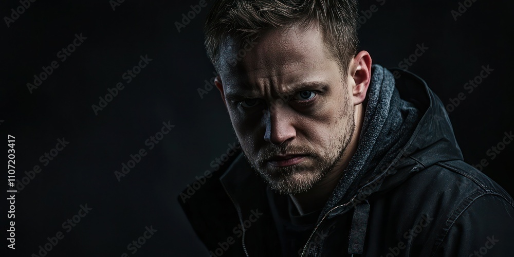 A serious portrait of a man with a strong gaze, dressed in a black jacket, set against a dark background for a dramatic effect A serious portrait of a man with a strong gaze, dressed in a black jacket, set against a dark background for a dramatic effect