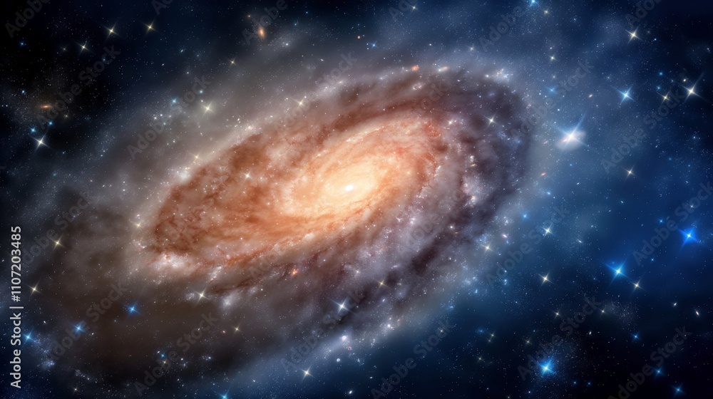 Naklejka premium Spellbound spiral galaxy formed of gas, dust and sparkles image. Abstract glowing pattern in dark expanse photography scene wallpaper. Majestic space concept photorealistic photo