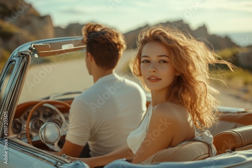 Young couple enjoying a drive in a vintage convertible along a scenic coastal road photo